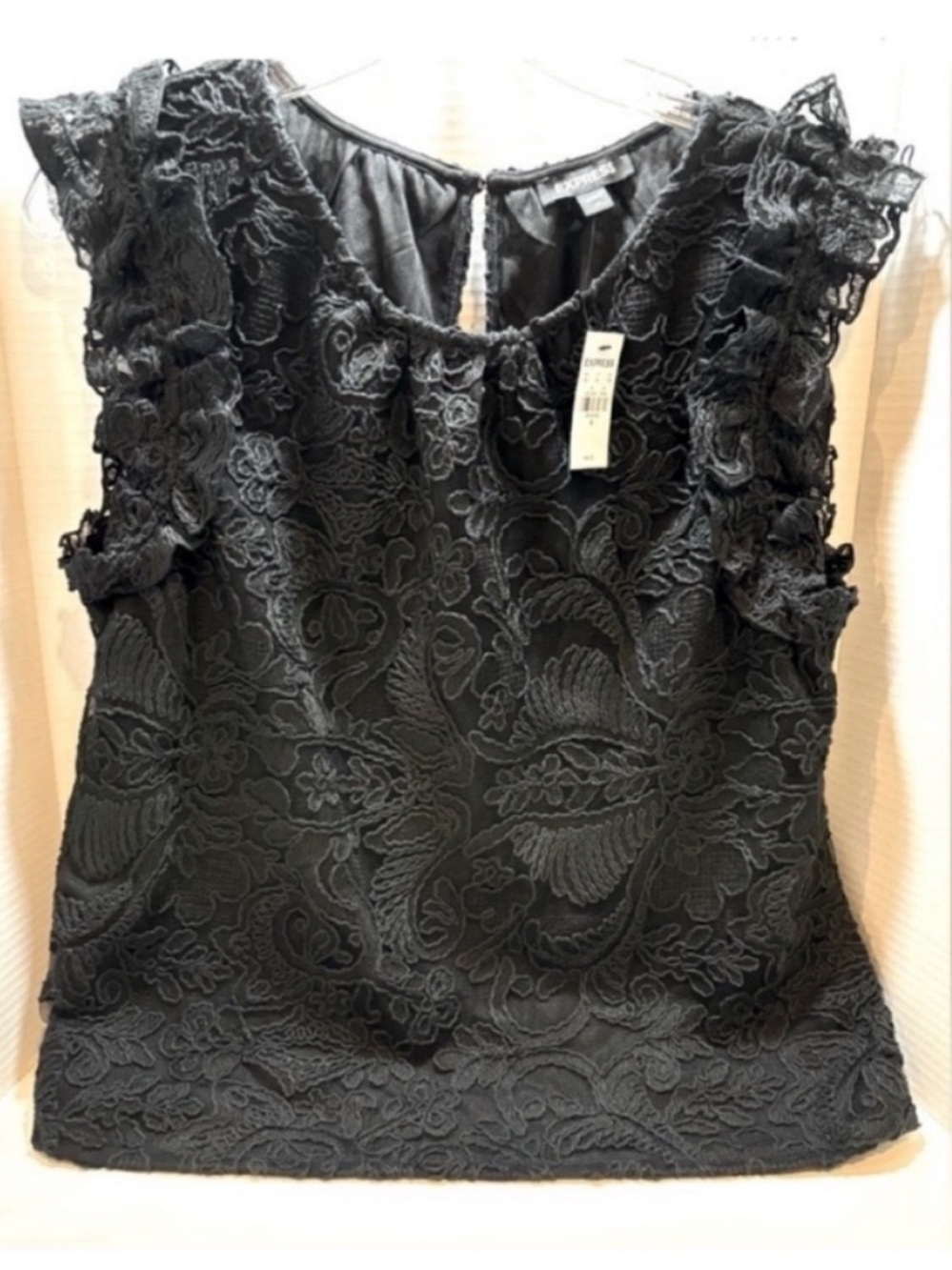 Express NEW Floral Lace Cap Sleeve Top Black Ruffle Womens M Feminine